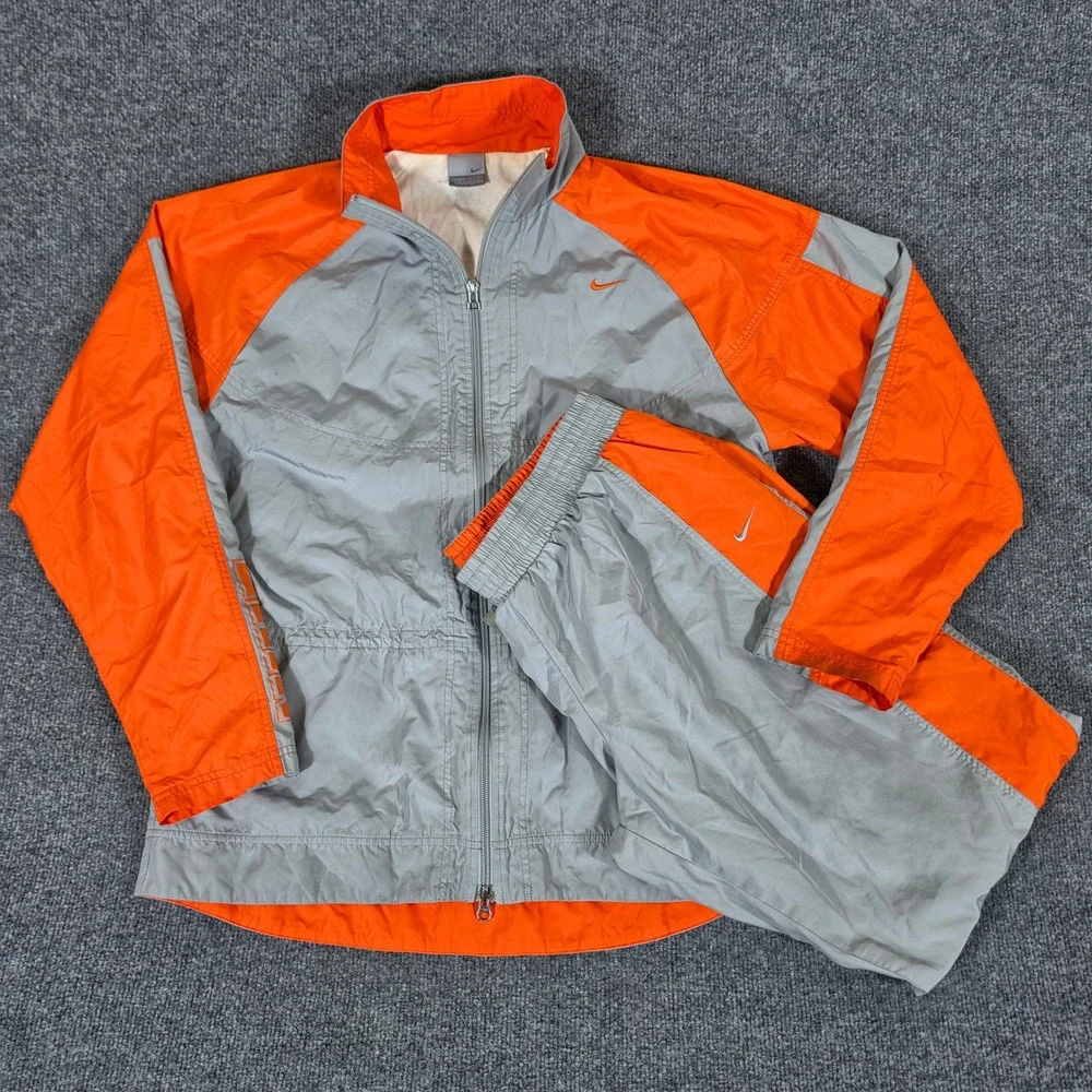 Y2K Nike Vintage Tracksuit Mens Large Grey Orange Full Zip Windbreaker Pants Set